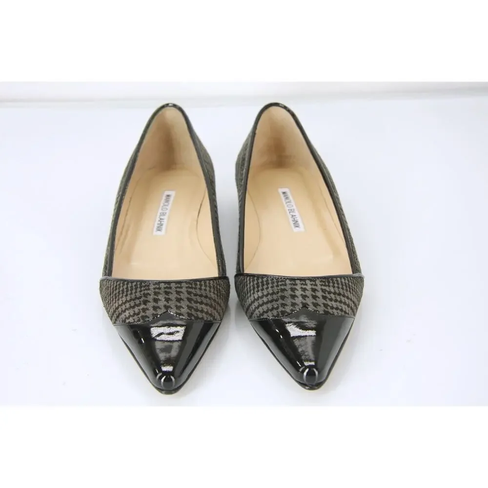 Manolo Blahnik Grey Houndstooth Tweed Ahalaya Cap Toe Ballet Flats